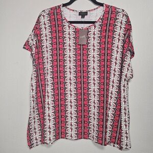 J. Jill Womens XL Wearever Collection‎ Top Red White Round Neck Shirt Floral Art